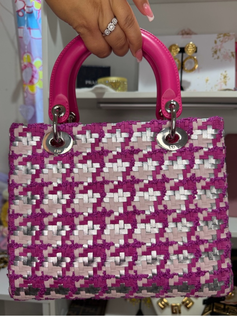 Dior Pink Tweed Lady Dior Satchel with Silver Hardware - Picture 6 of 15